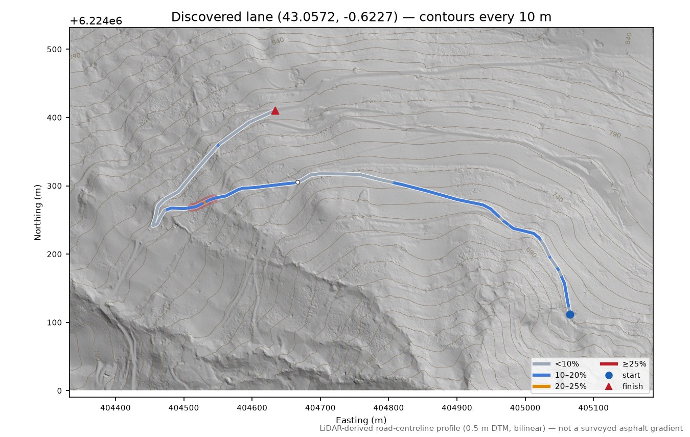 Discovered lane (43.0572, -0.6227) LiDAR hillshade map with contours