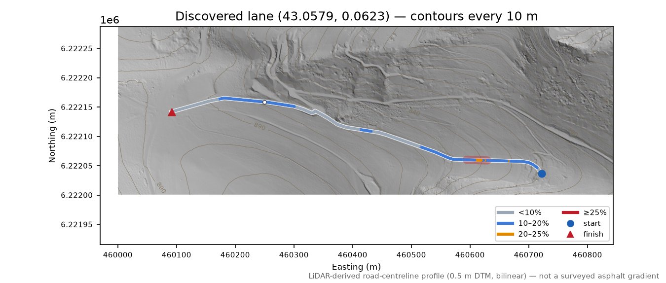 Discovered lane (43.0579, 0.0623) LiDAR hillshade map with contours