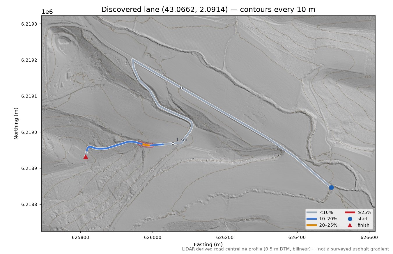 Discovered lane (43.0662, 2.0914) LiDAR hillshade map with contours