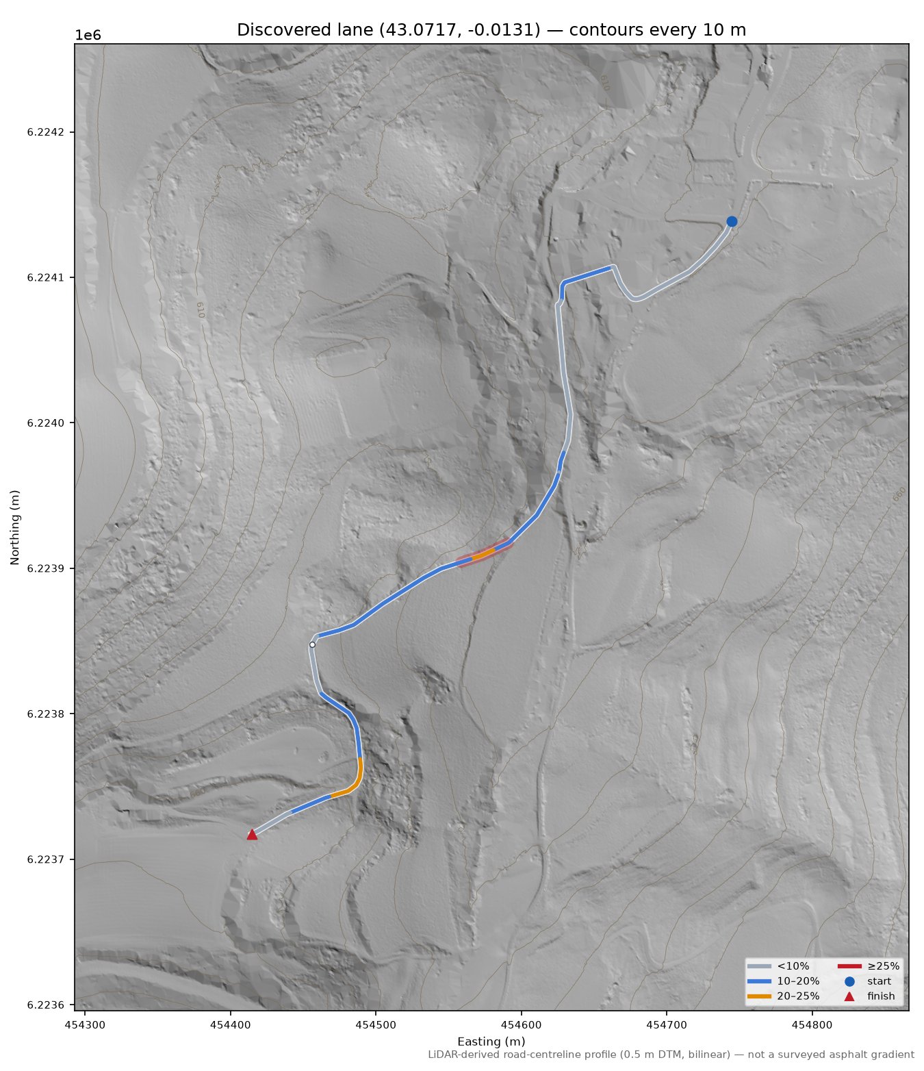 Discovered lane (43.0717, -0.0131) LiDAR hillshade map with contours