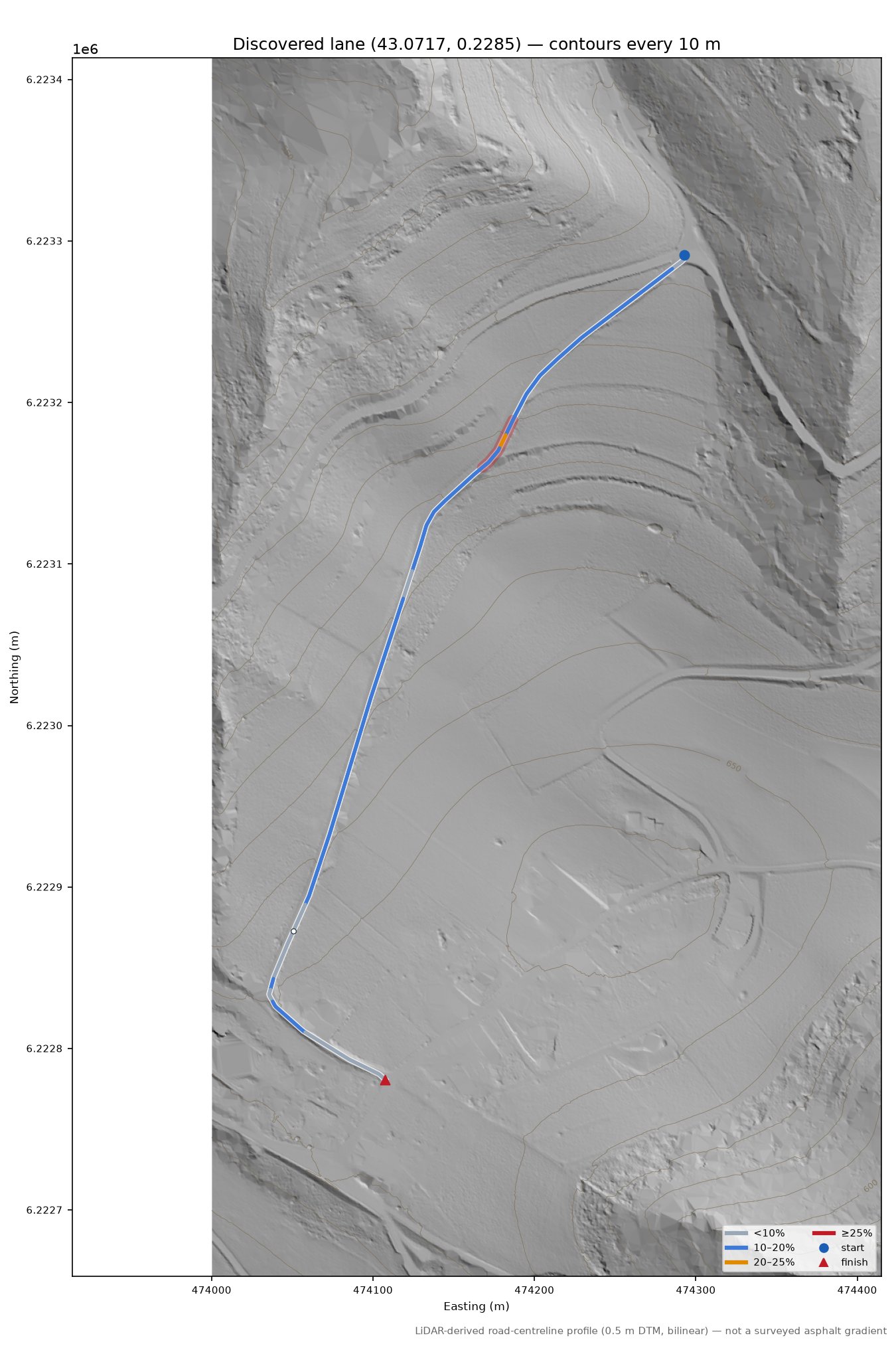 Discovered lane (43.0717, 0.2285) LiDAR hillshade map with contours