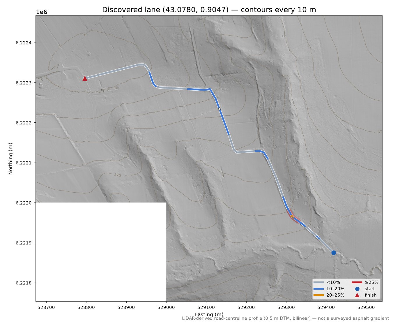 Discovered lane (43.0780, 0.9047) LiDAR hillshade map with contours