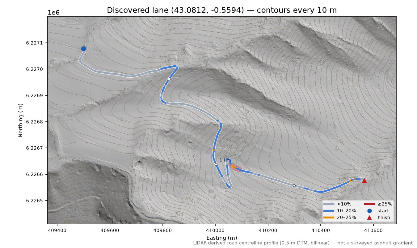 Discovered lane (43.0812, -0.5594) LiDAR hillshade map with contours