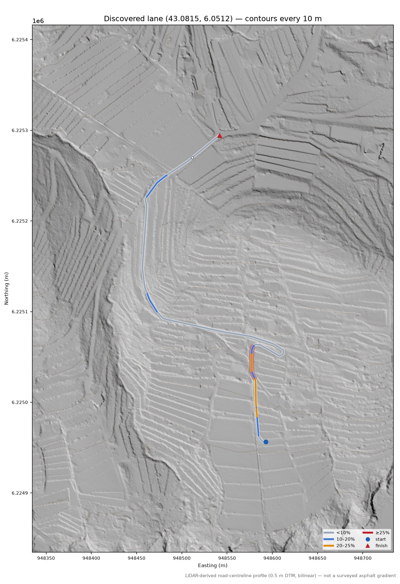 Discovered lane (43.0815, 6.0512) LiDAR hillshade map with contours