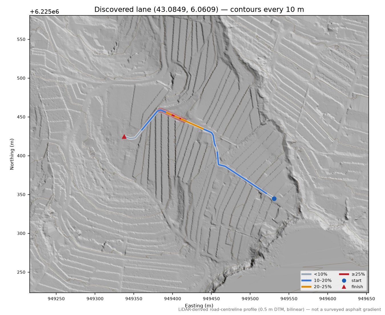 Discovered lane (43.0849, 6.0609) LiDAR hillshade map with contours