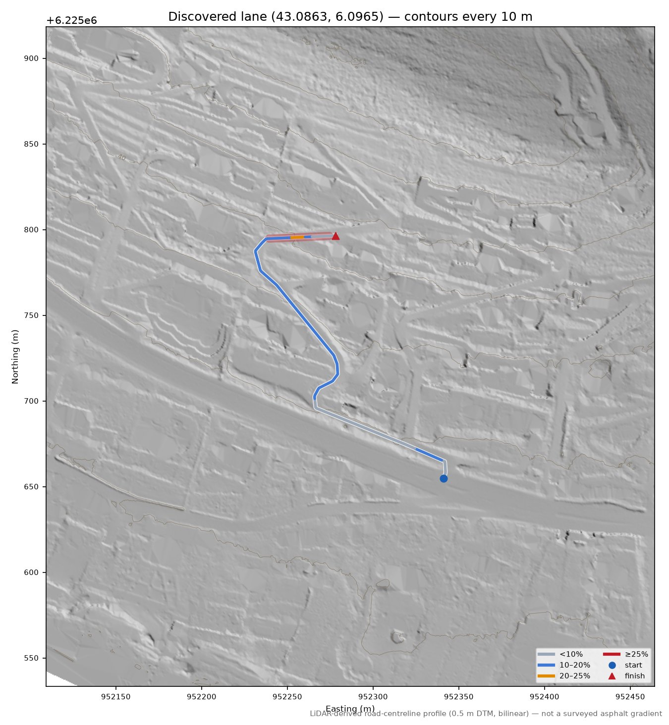 Discovered lane (43.0863, 6.0965) LiDAR hillshade map with contours