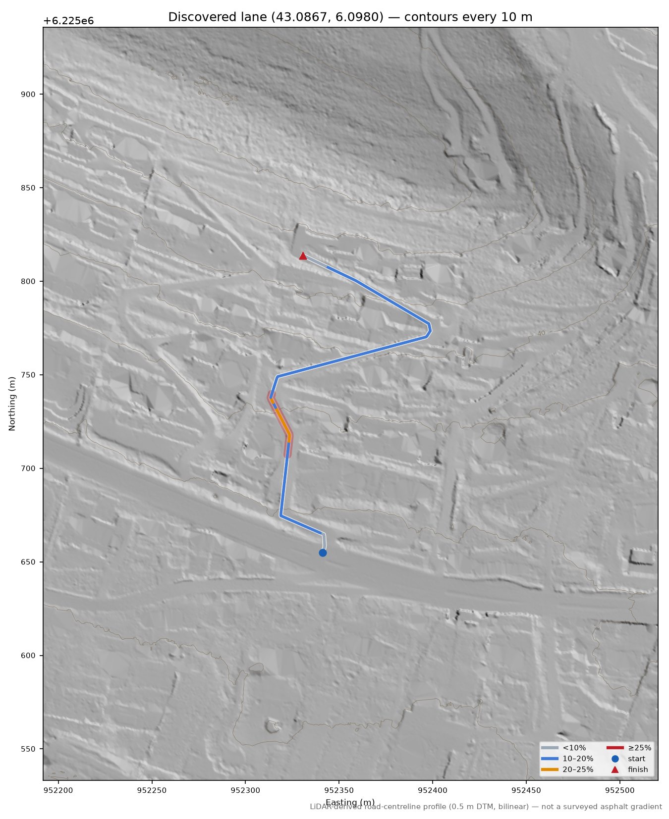 Discovered lane (43.0867, 6.0980) LiDAR hillshade map with contours