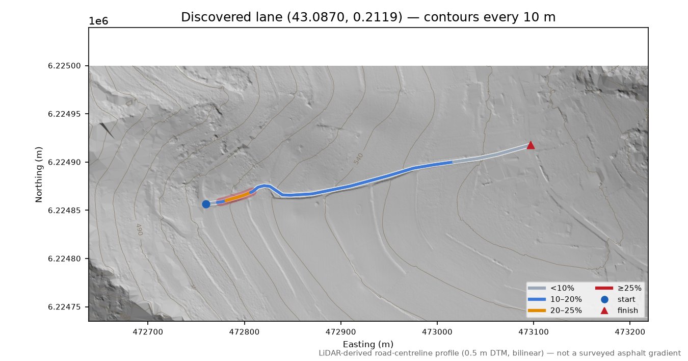 Discovered lane (43.0870, 0.2119) LiDAR hillshade map with contours