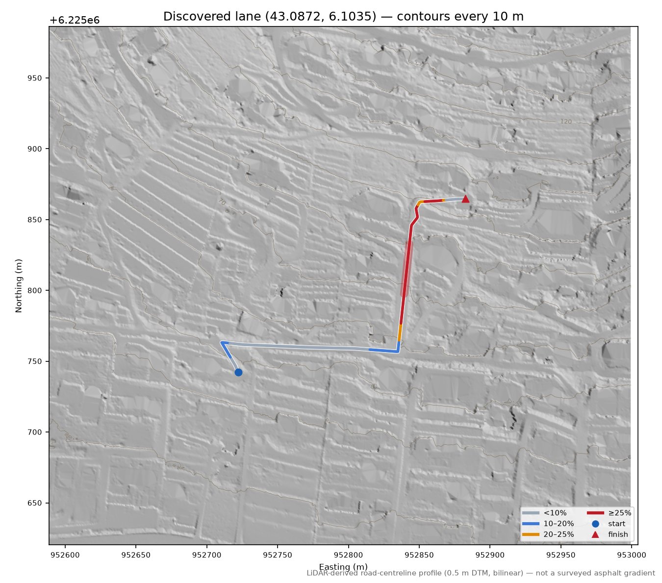 Discovered lane (43.0872, 6.1035) LiDAR hillshade map with contours