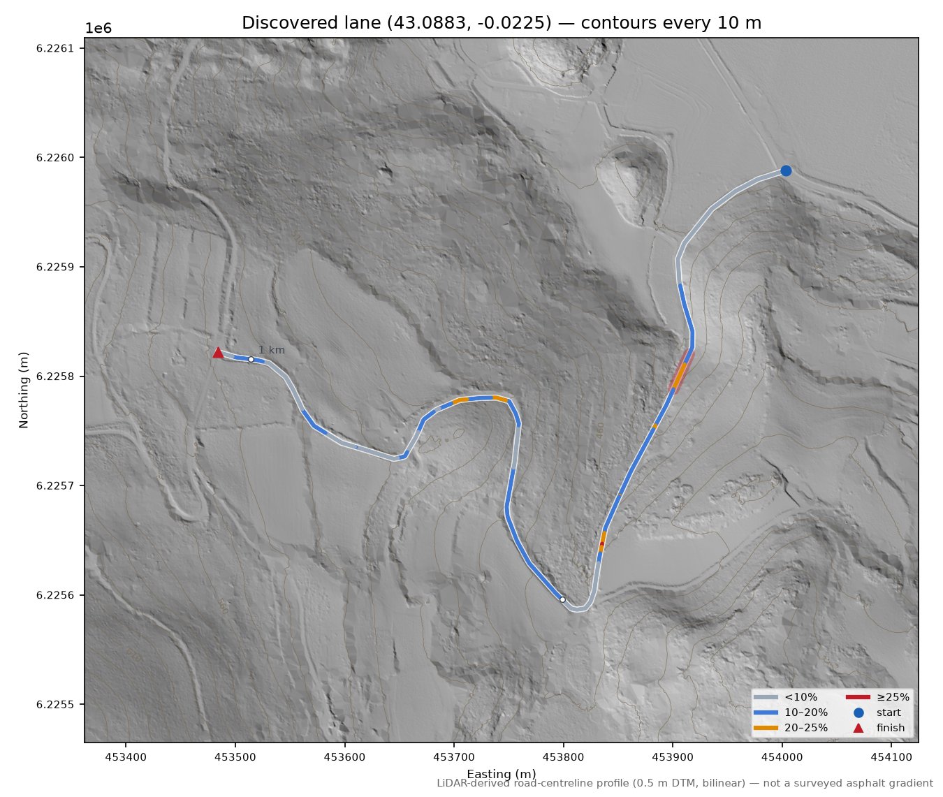 Discovered lane (43.0883, -0.0225) LiDAR hillshade map with contours