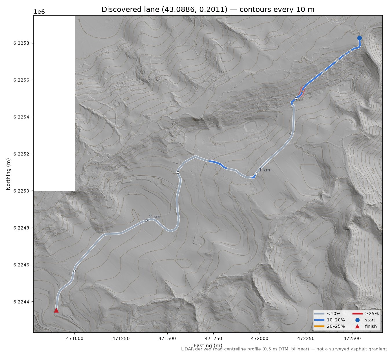 Discovered lane (43.0886, 0.2011) LiDAR hillshade map with contours