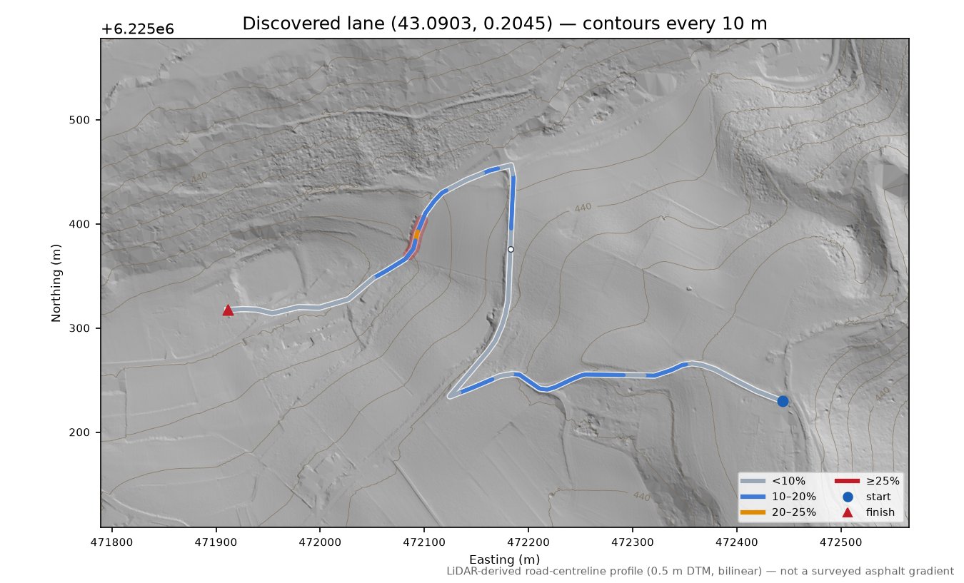 Discovered lane (43.0903, 0.2045) LiDAR hillshade map with contours