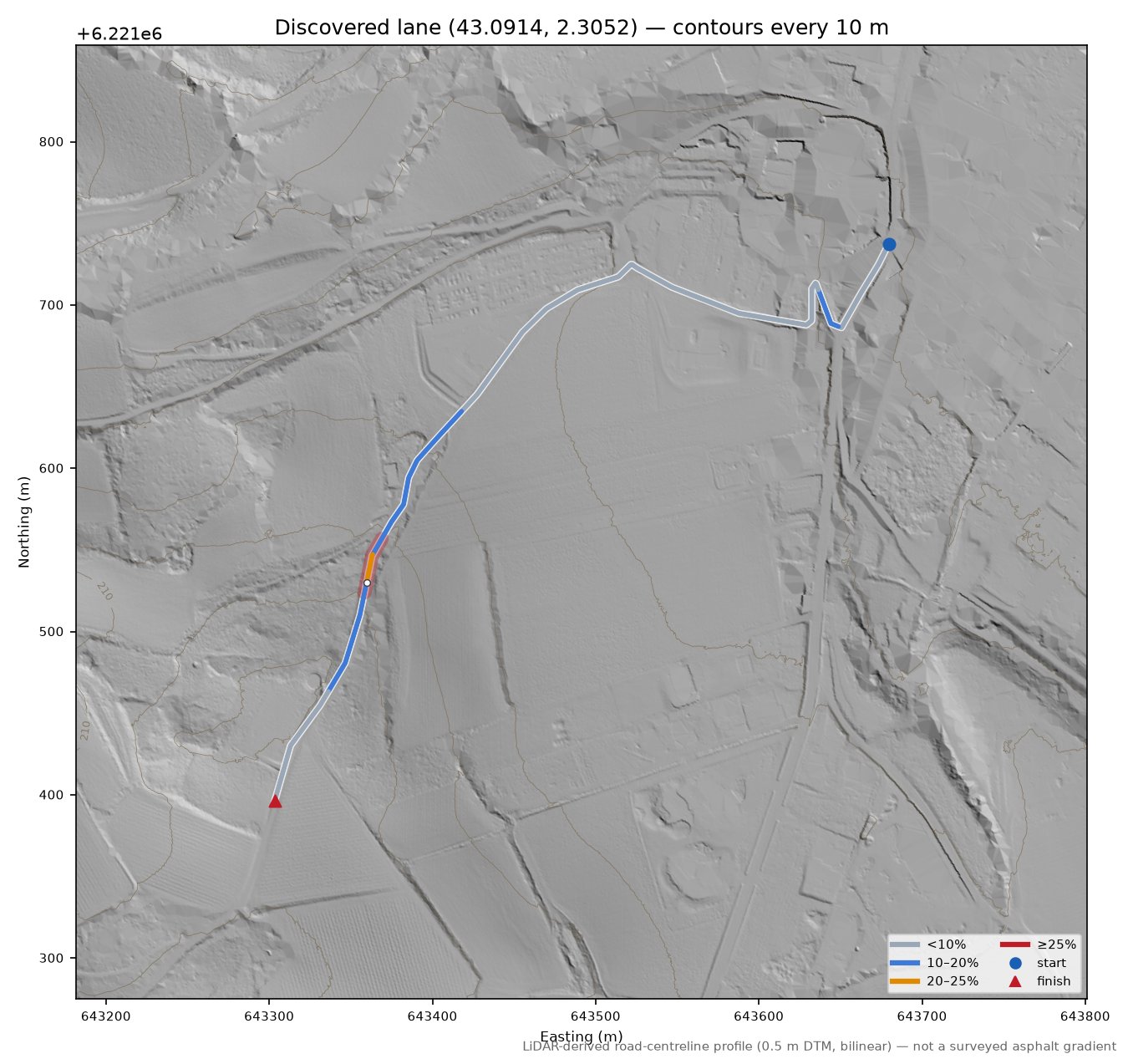 Discovered lane (43.0914, 2.3052) LiDAR hillshade map with contours