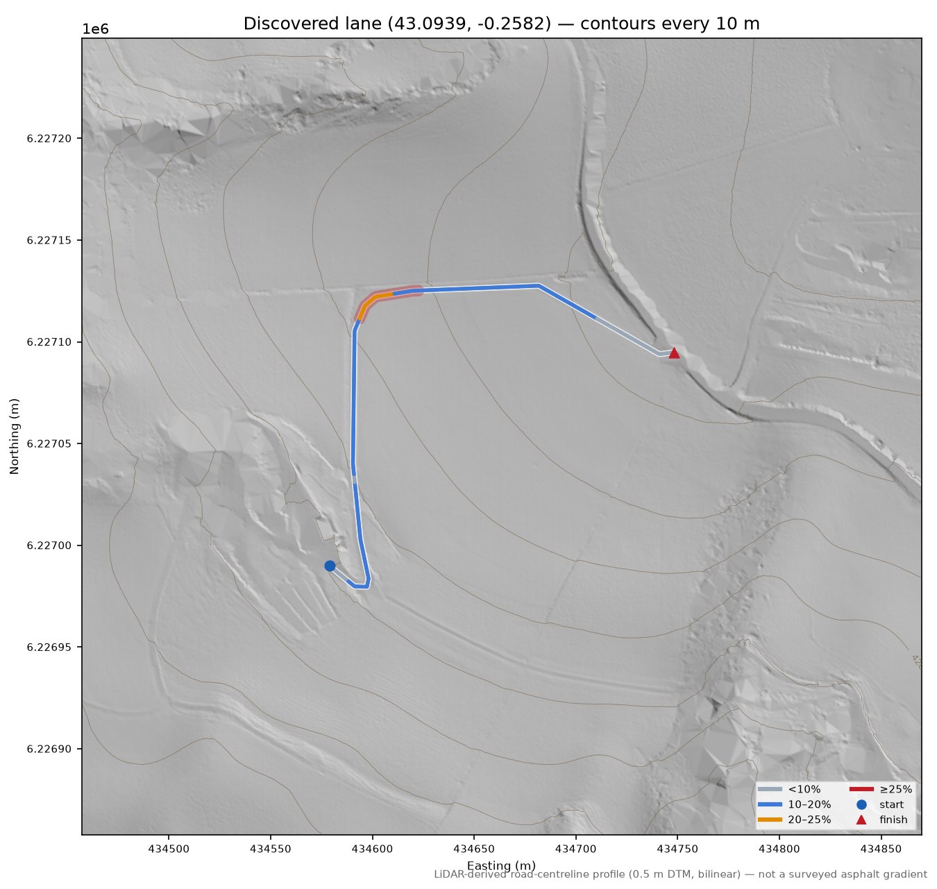 Discovered lane (43.0939, -0.2582) LiDAR hillshade map with contours