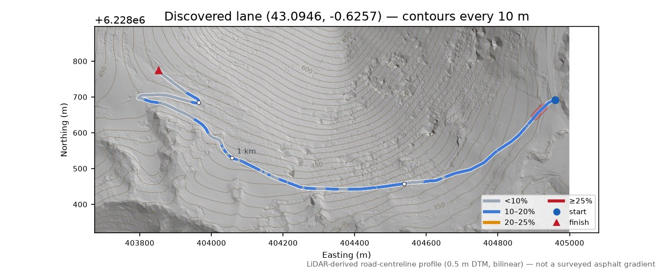 Discovered lane (43.0946, -0.6257) LiDAR hillshade map with contours
