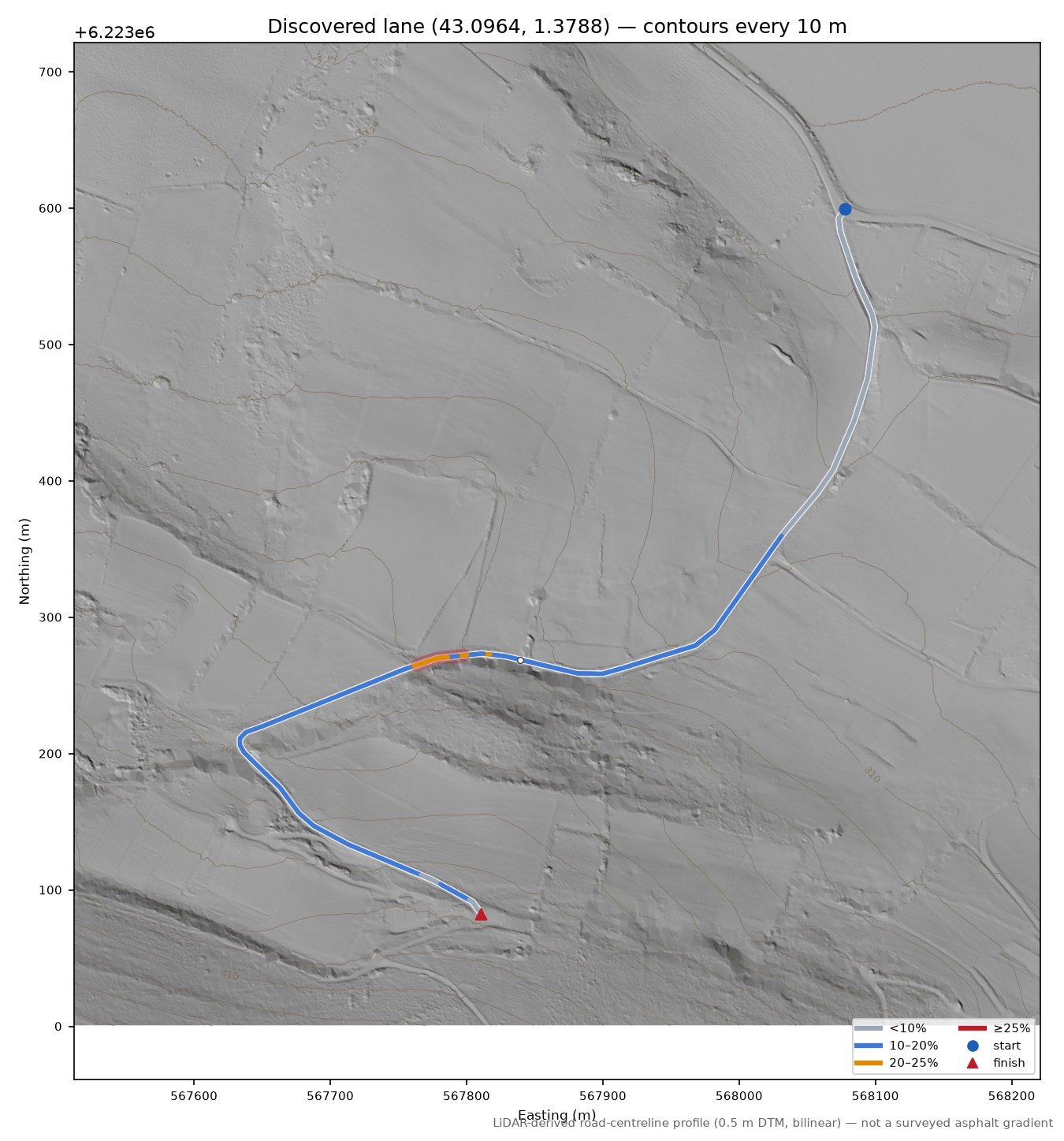 Discovered lane (43.0964, 1.3788) LiDAR hillshade map with contours