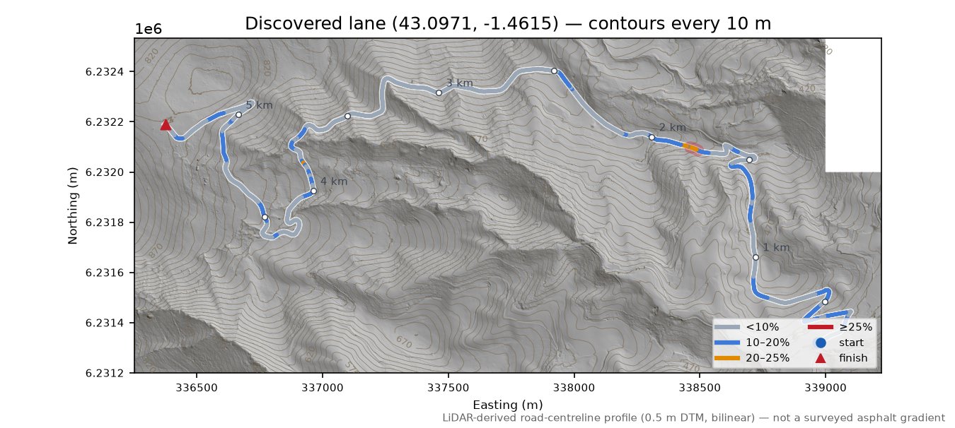 Discovered lane (43.0971, -1.4615) LiDAR hillshade map with contours