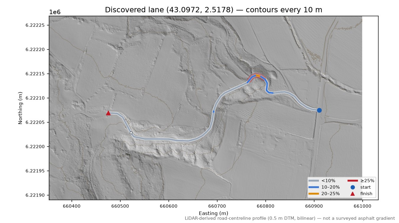 Discovered lane (43.0972, 2.5178) LiDAR hillshade map with contours