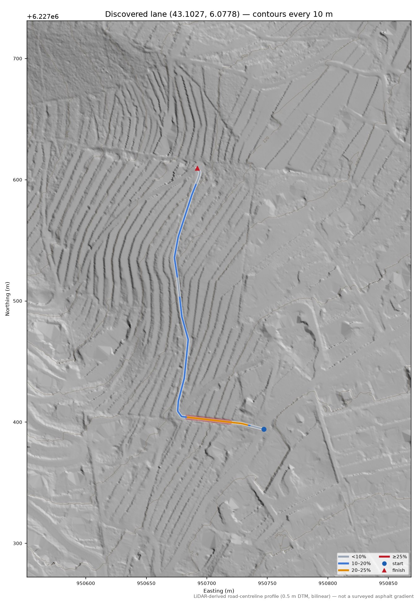 Discovered lane (43.1027, 6.0778) LiDAR hillshade map with contours