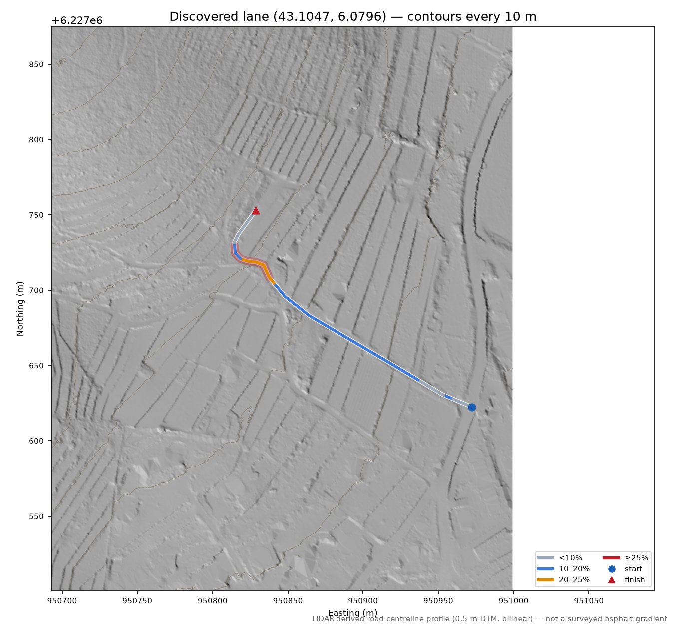 Discovered lane (43.1047, 6.0796) LiDAR hillshade map with contours