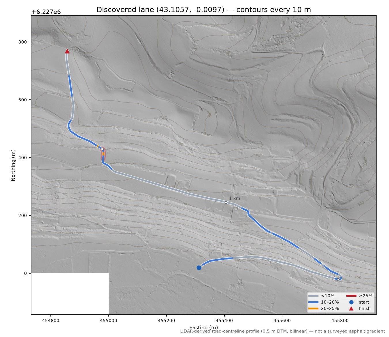 Discovered lane (43.1057, -0.0097) LiDAR hillshade map with contours