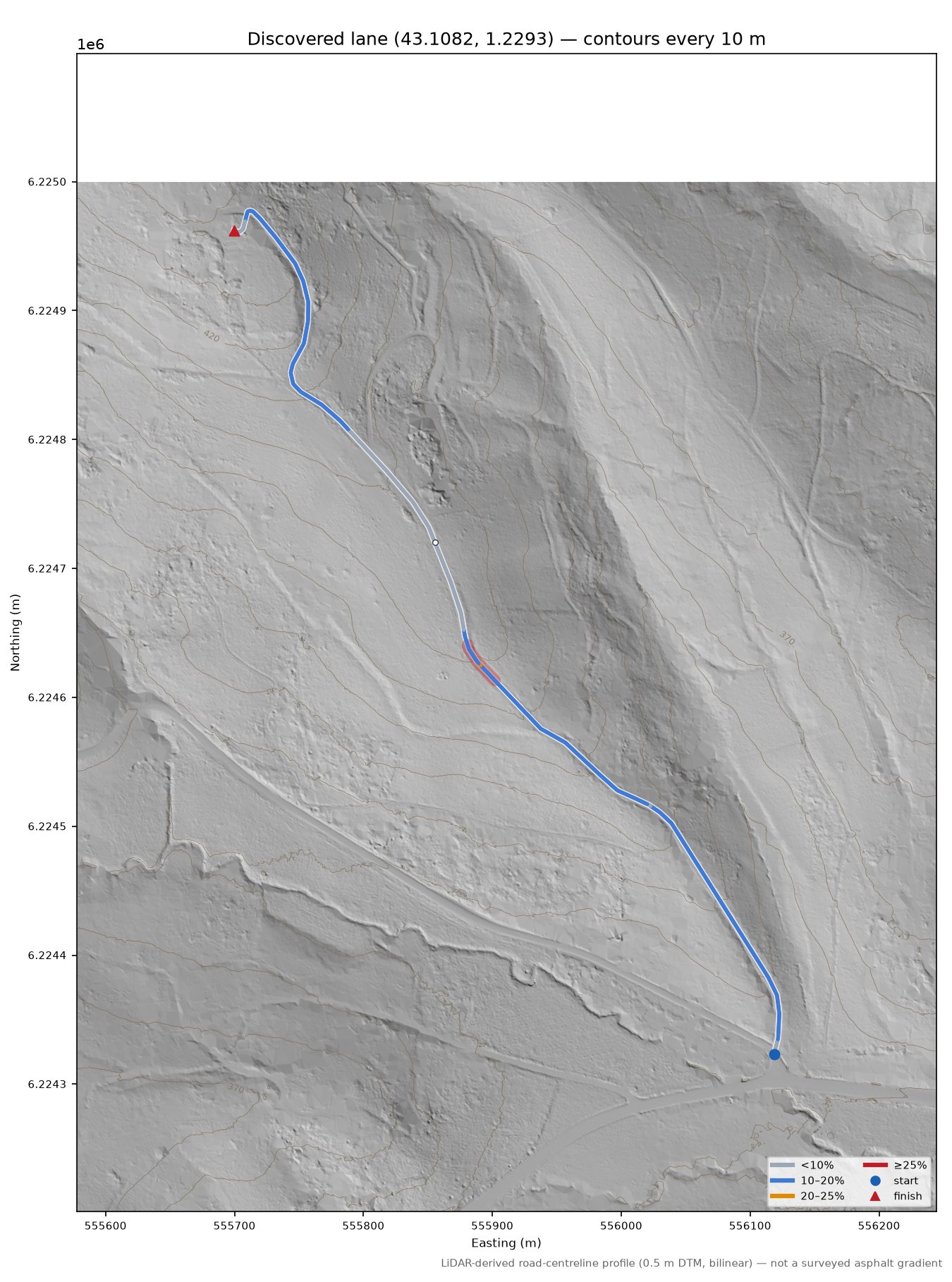 Discovered lane (43.1082, 1.2293) LiDAR hillshade map with contours