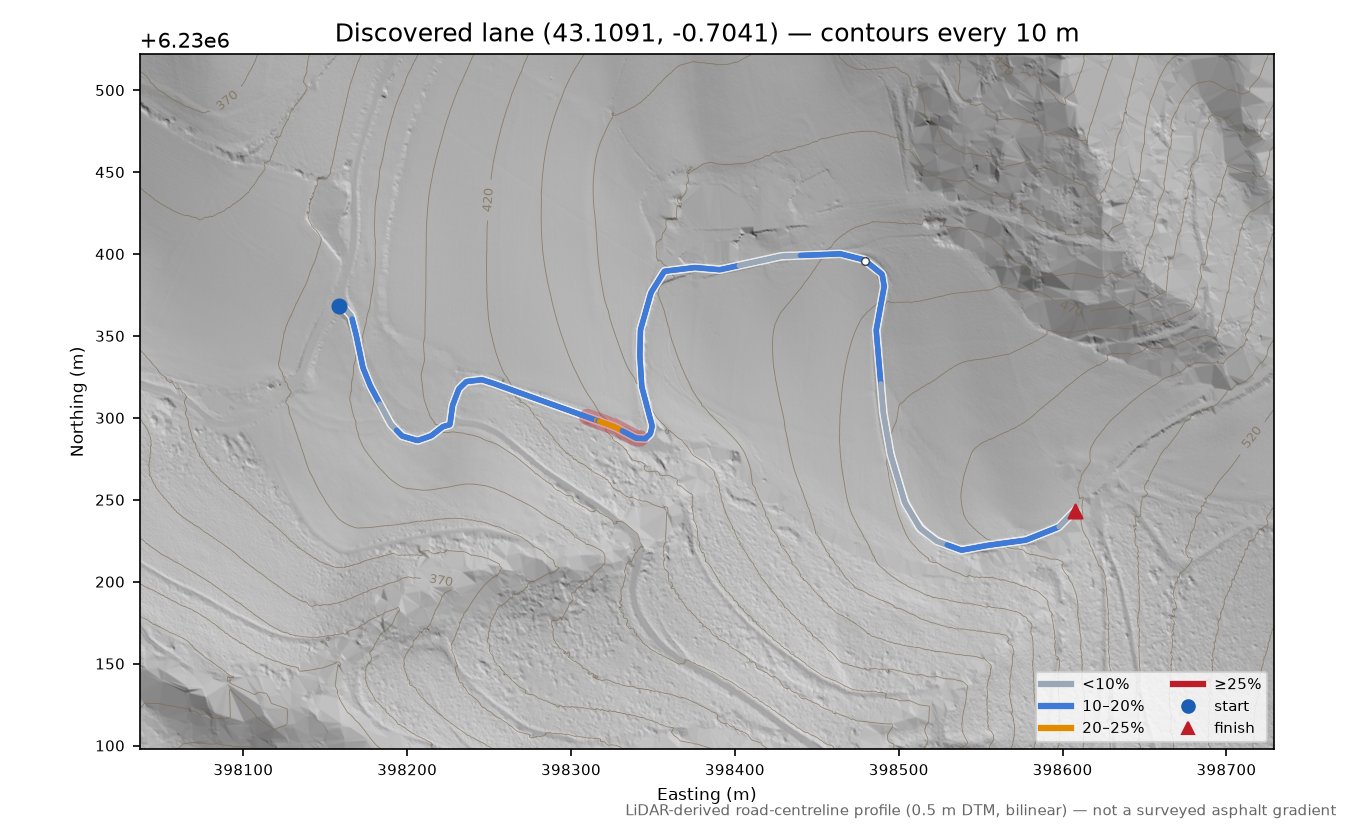Discovered lane (43.1091, -0.7041) LiDAR hillshade map with contours