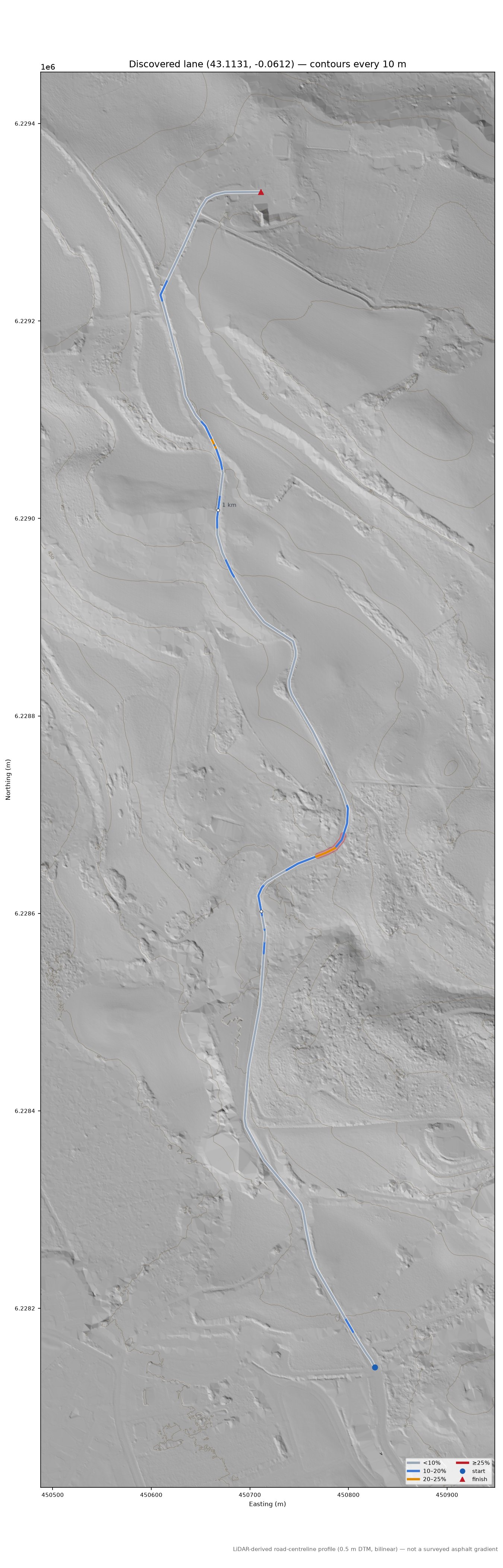 Discovered lane (43.1131, -0.0612) LiDAR hillshade map with contours