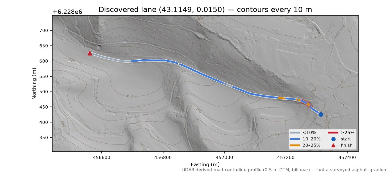 Discovered lane (43.1149, 0.0150) LiDAR hillshade map with contours