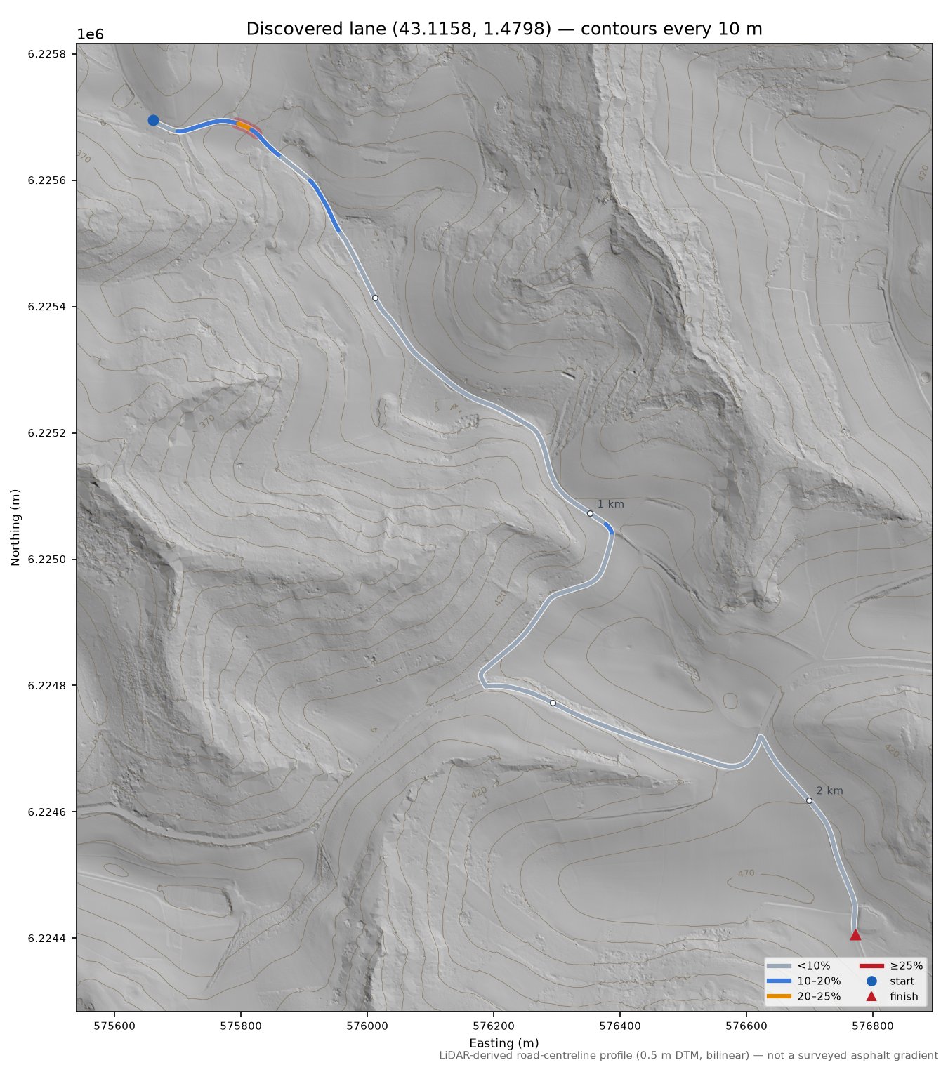 Discovered lane (43.1158, 1.4798) LiDAR hillshade map with contours