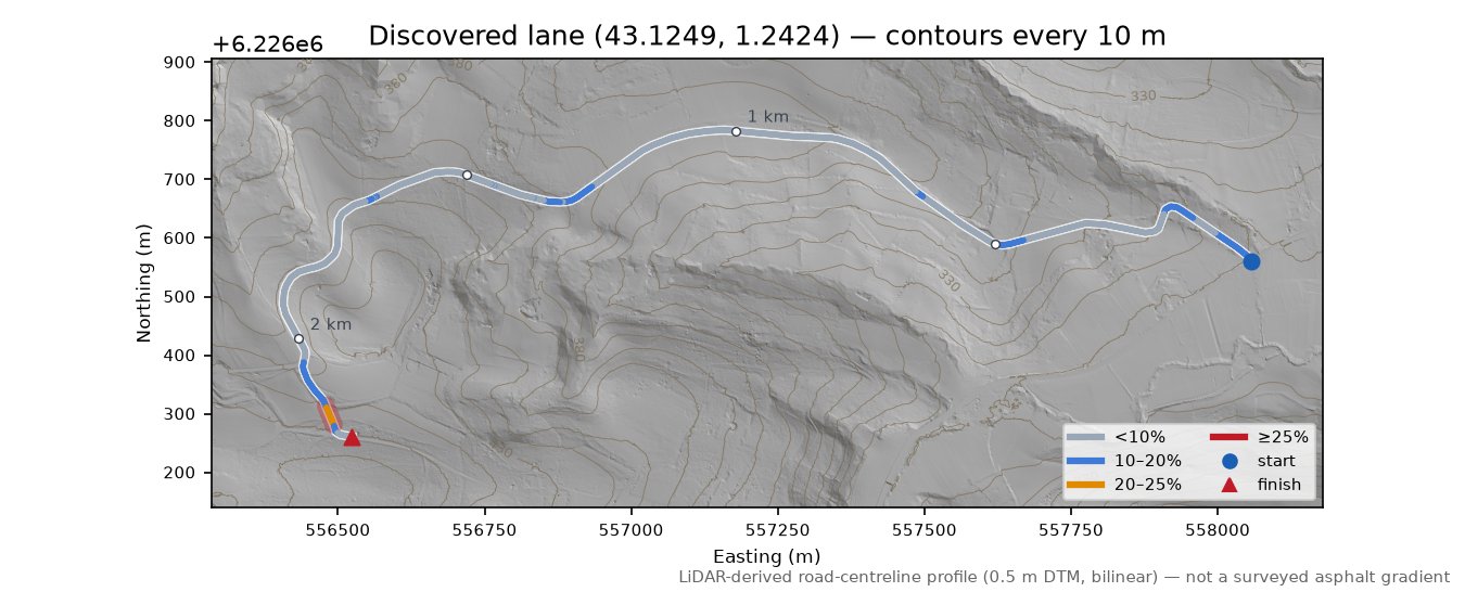 Discovered lane (43.1249, 1.2424) LiDAR hillshade map with contours