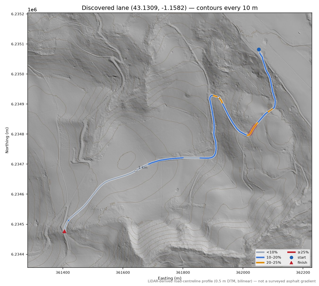 Discovered lane (43.1309, -1.1582) LiDAR hillshade map with contours