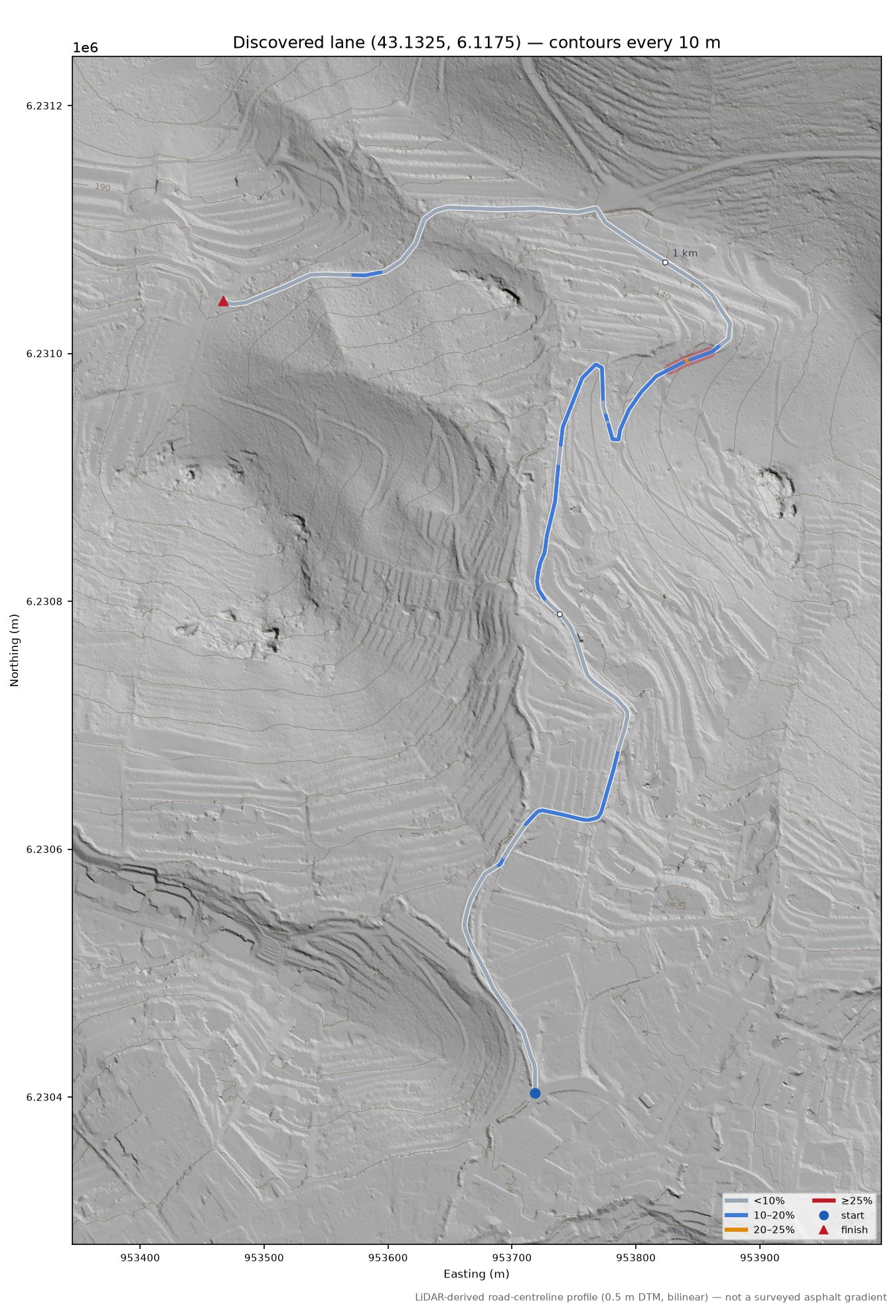 Discovered lane (43.1325, 6.1175) LiDAR hillshade map with contours