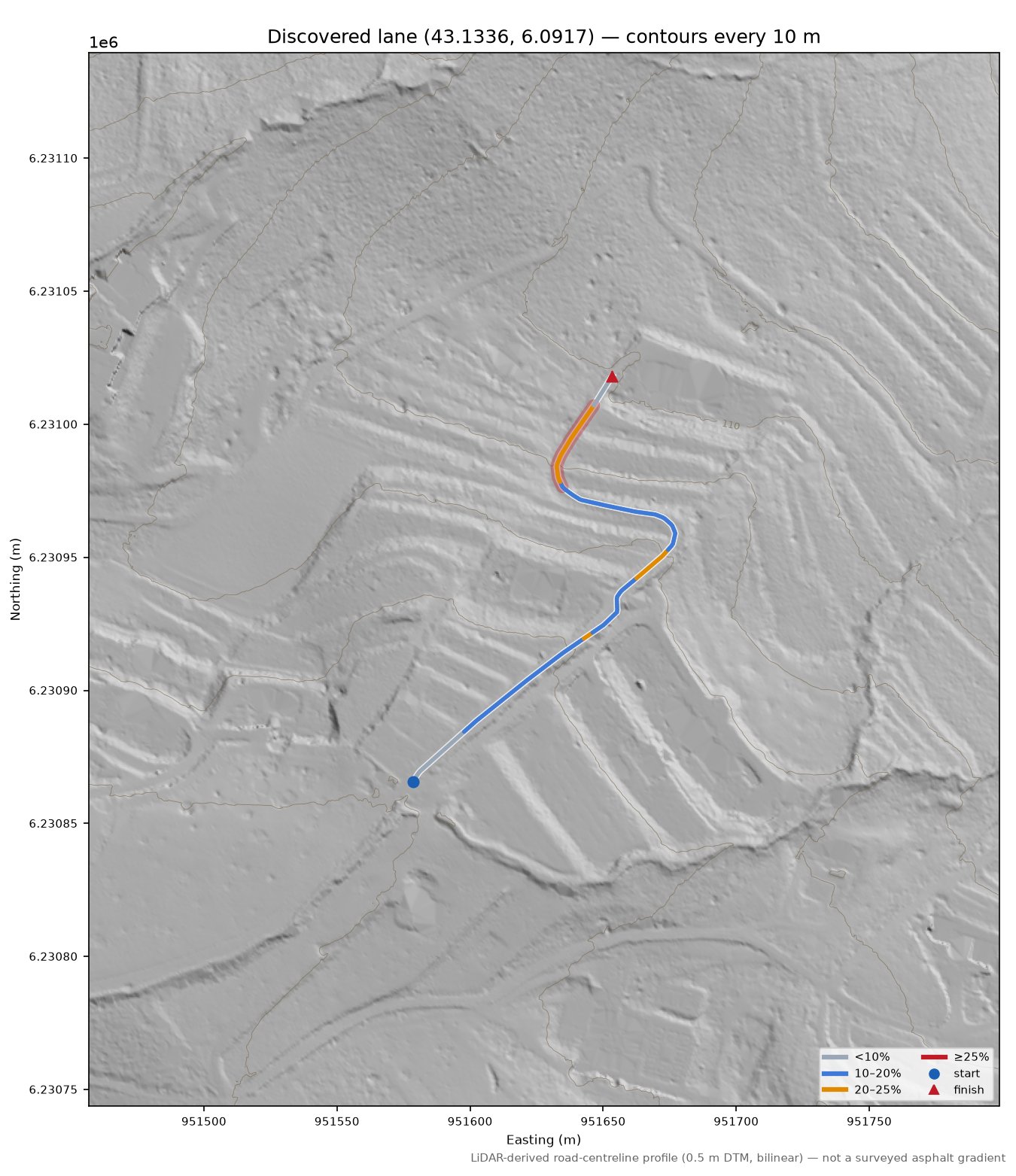 Discovered lane (43.1336, 6.0917) LiDAR hillshade map with contours