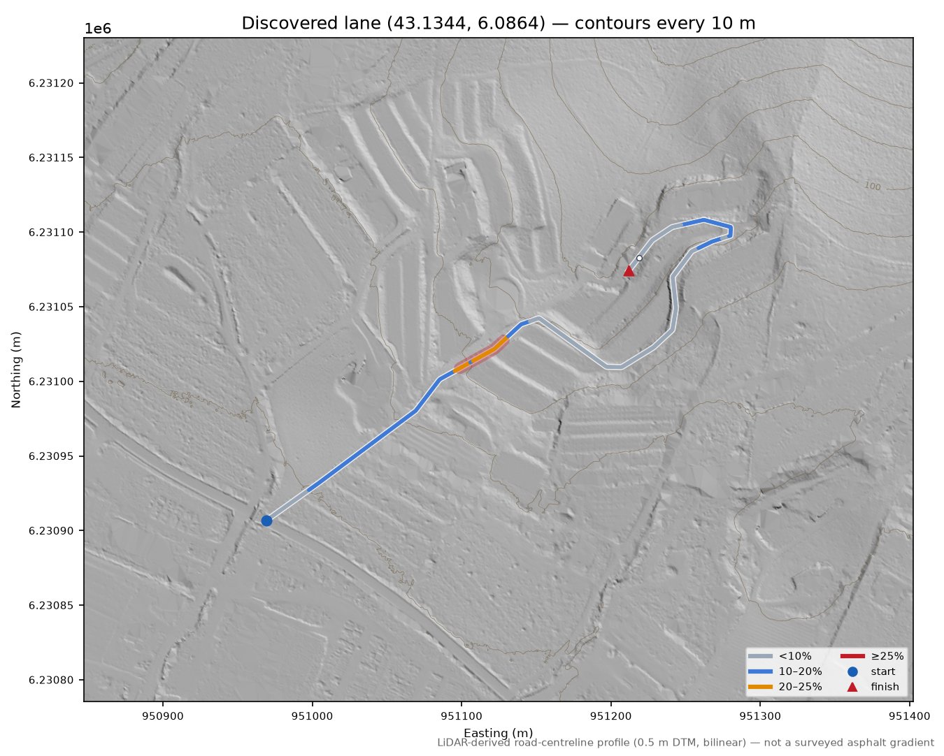 Discovered lane (43.1344, 6.0864) LiDAR hillshade map with contours