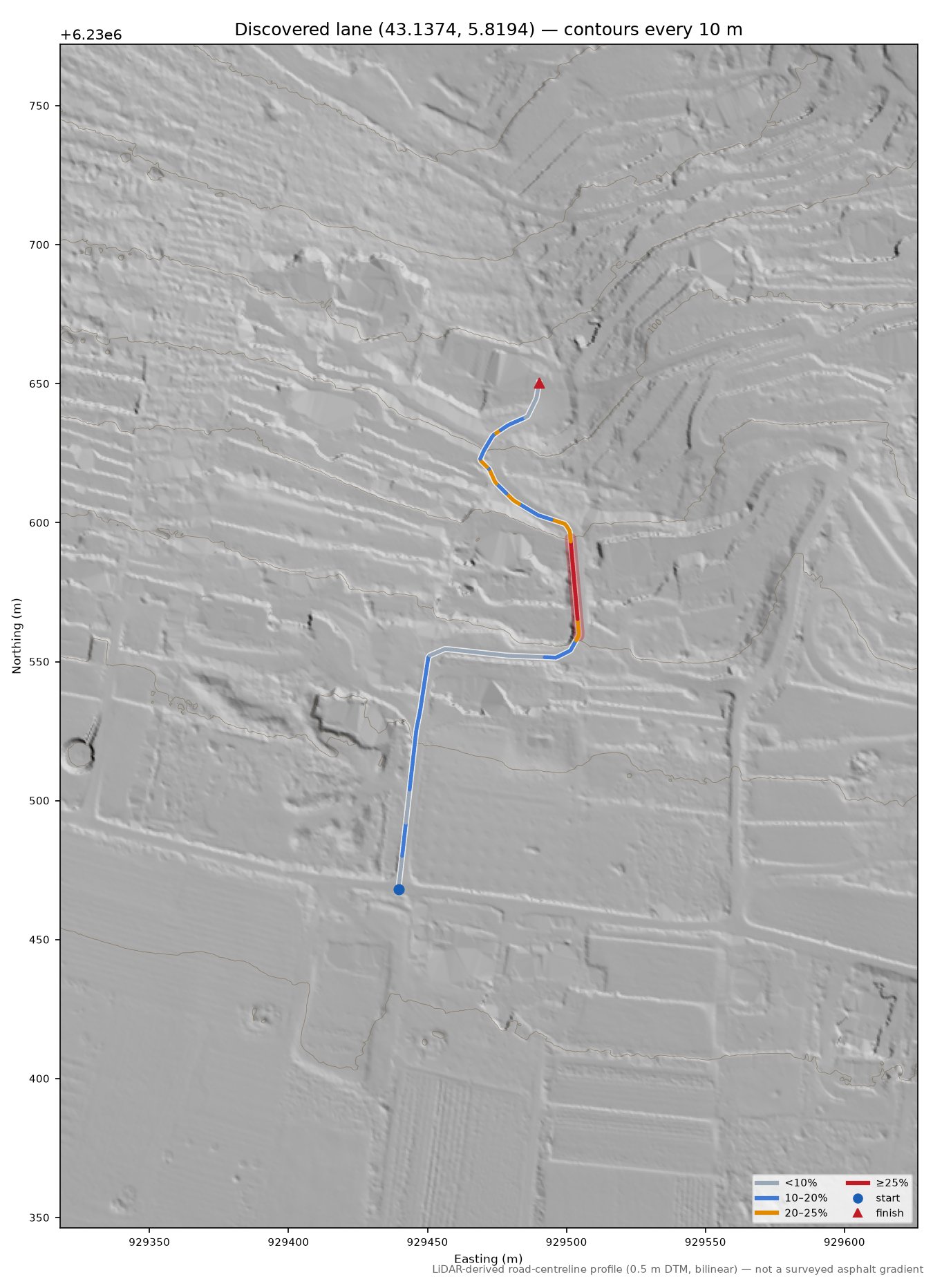 Discovered lane (43.1374, 5.8194) LiDAR hillshade map with contours