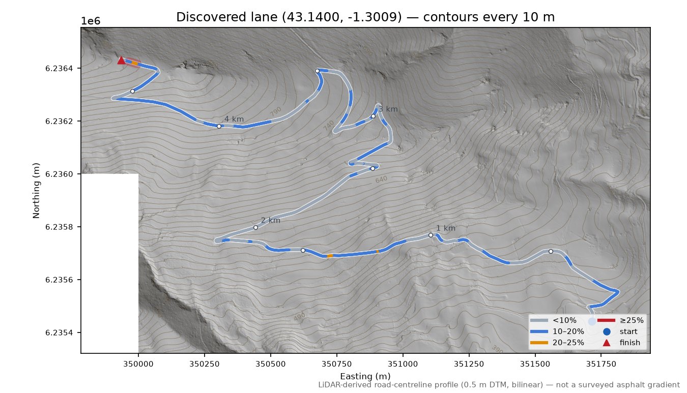 Discovered lane (43.1400, -1.3009) LiDAR hillshade map with contours