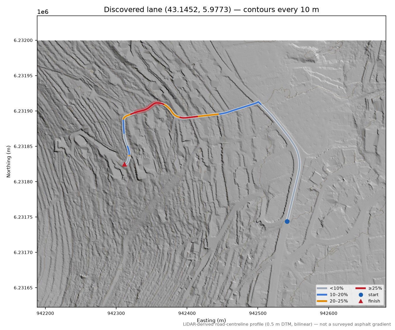 Discovered lane (43.1452, 5.9773) LiDAR hillshade map with contours
