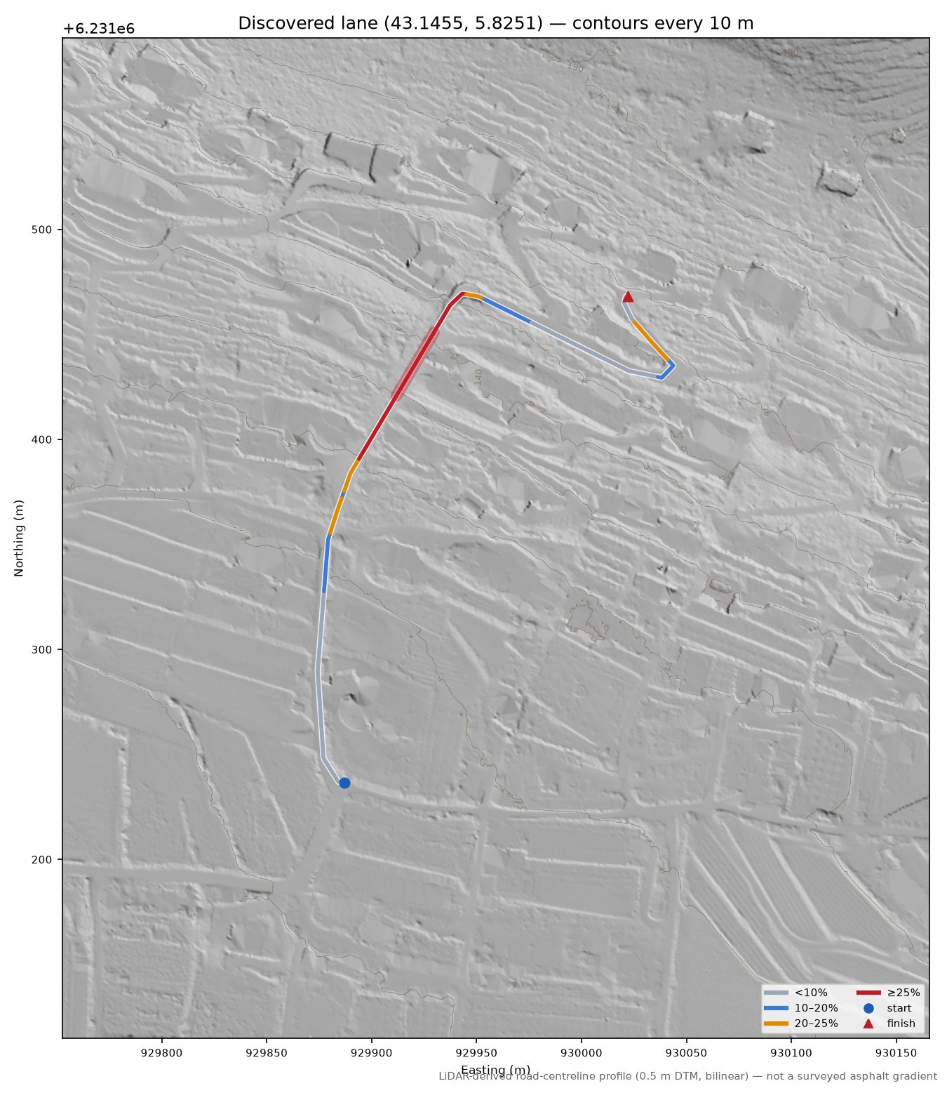 Discovered lane (43.1455, 5.8251) LiDAR hillshade map with contours