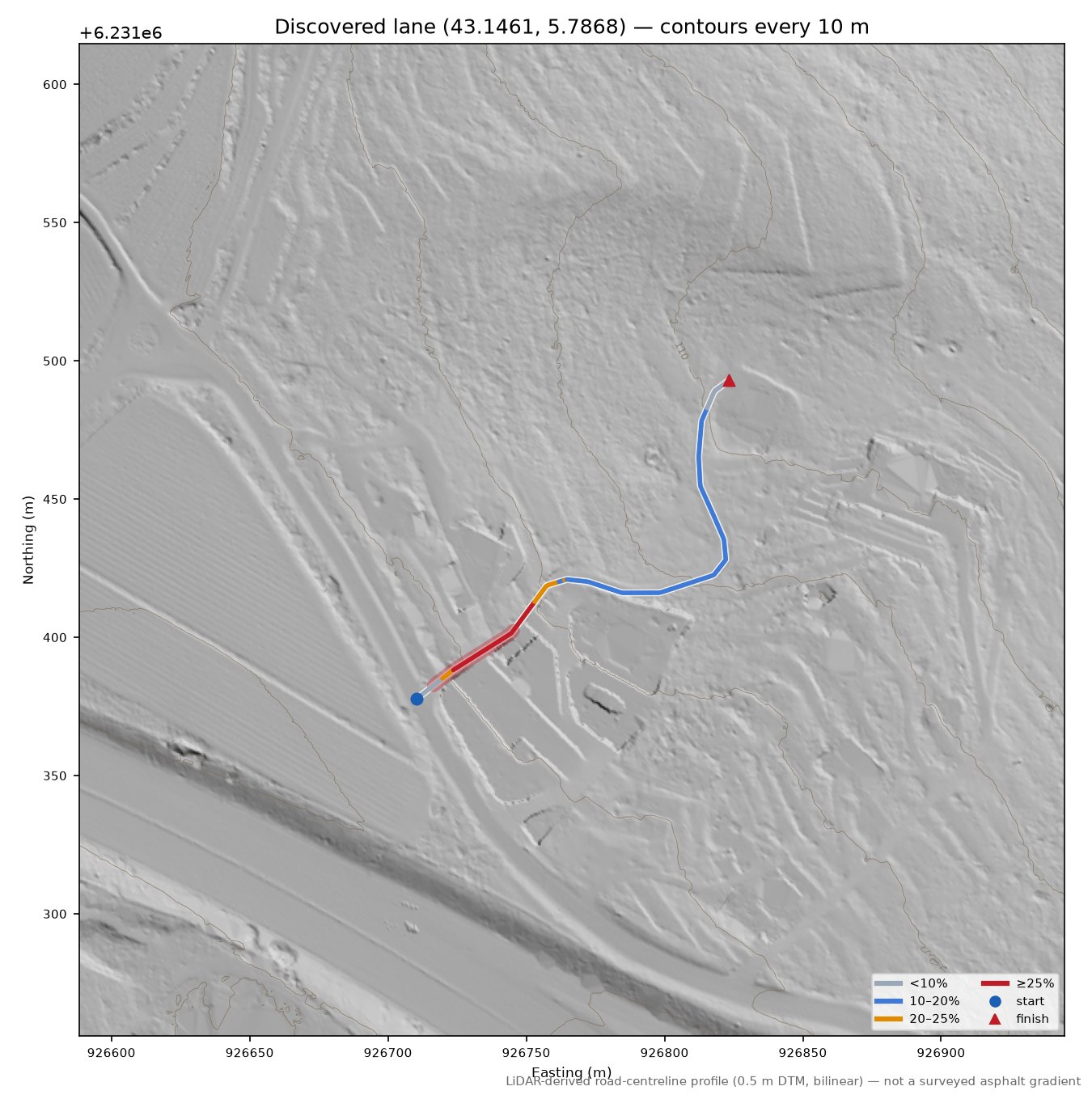 Discovered lane (43.1461, 5.7868) LiDAR hillshade map with contours