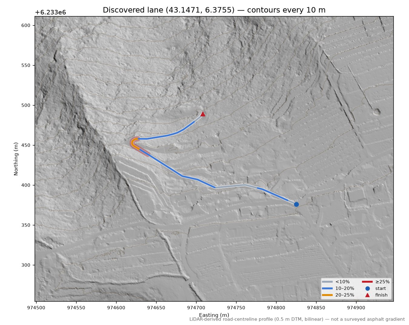Discovered lane (43.1471, 6.3755) LiDAR hillshade map with contours