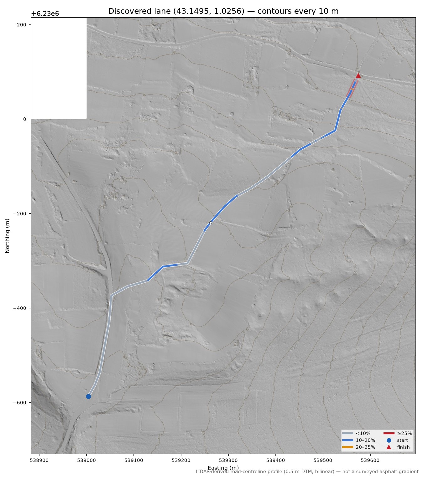 Discovered lane (43.1495, 1.0256) LiDAR hillshade map with contours