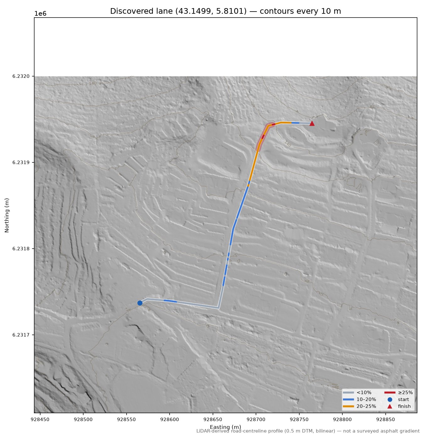 Discovered lane (43.1499, 5.8101) LiDAR hillshade map with contours