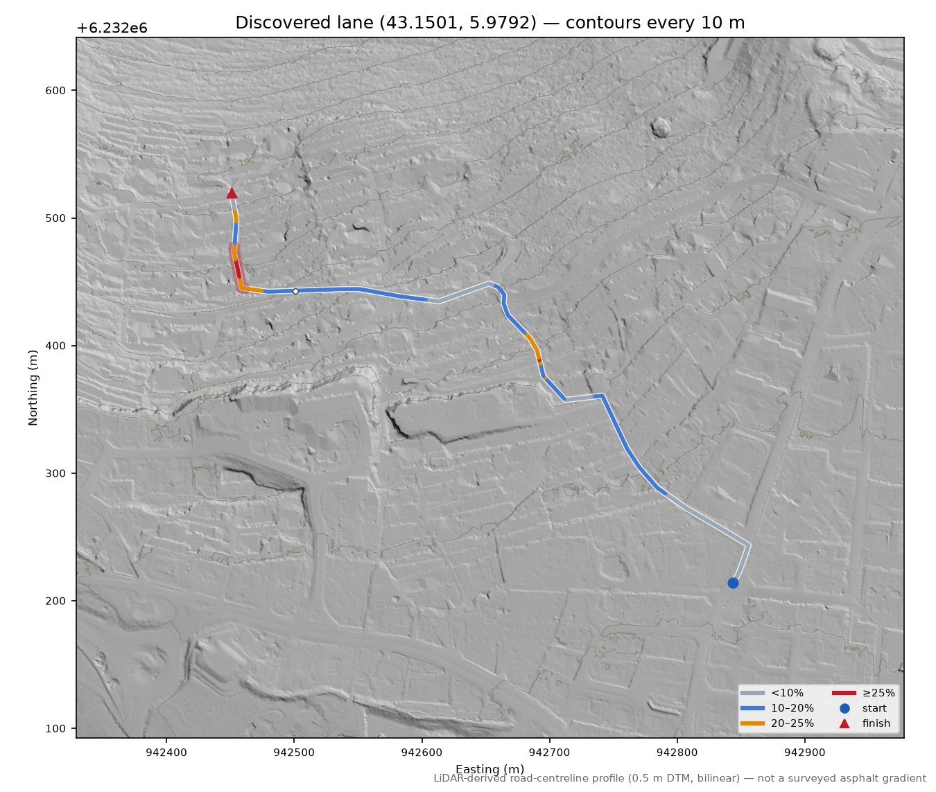 Discovered lane (43.1501, 5.9792) LiDAR hillshade map with contours