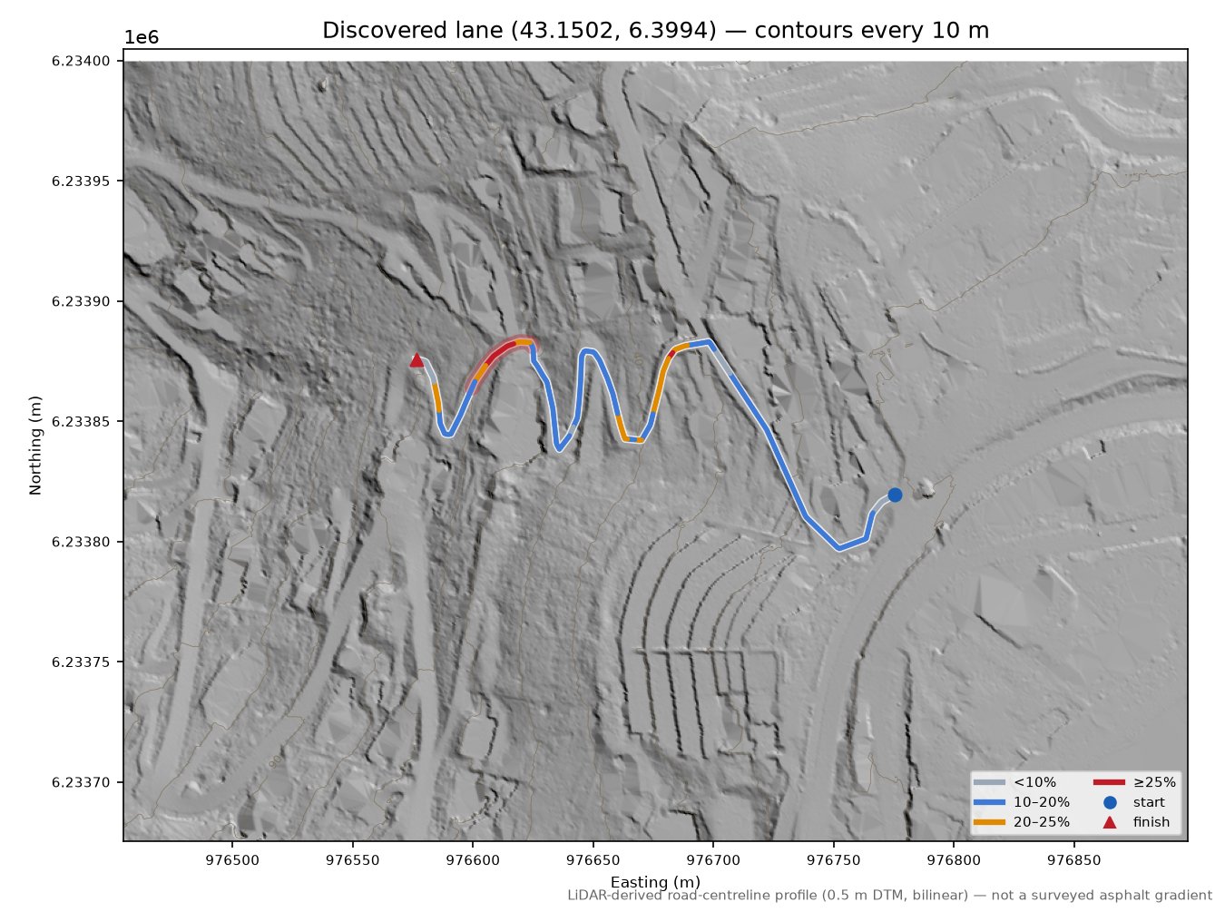 Discovered lane (43.1502, 6.3994) LiDAR hillshade map with contours