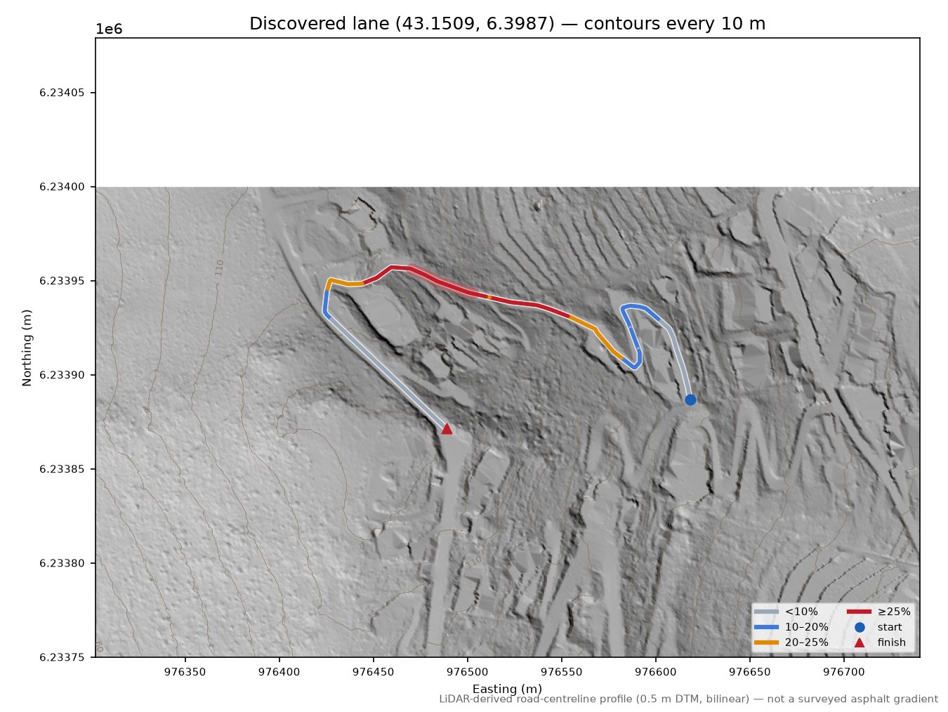 Discovered lane (43.1509, 6.3987) LiDAR hillshade map with contours