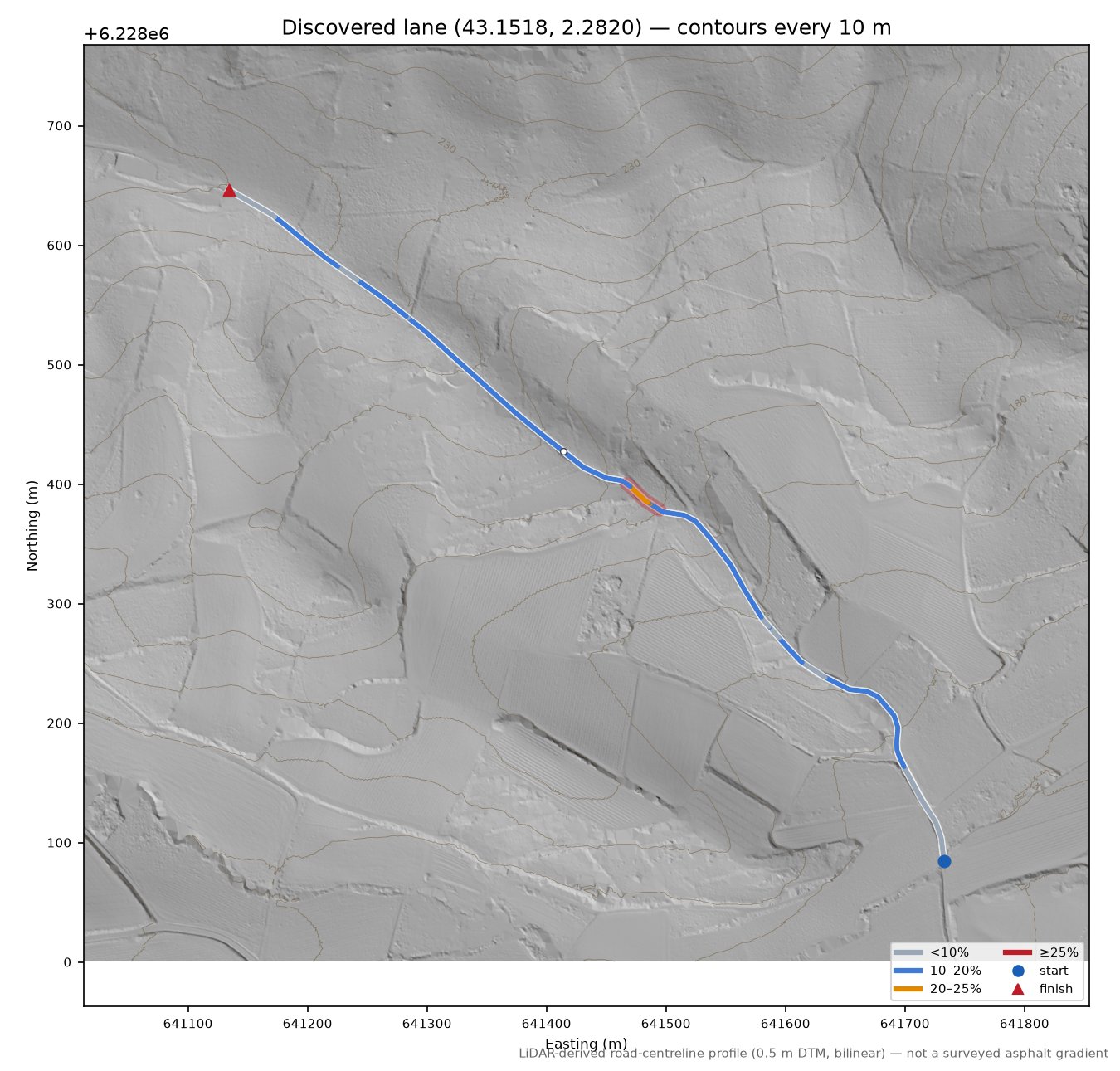 Discovered lane (43.1518, 2.2820) LiDAR hillshade map with contours