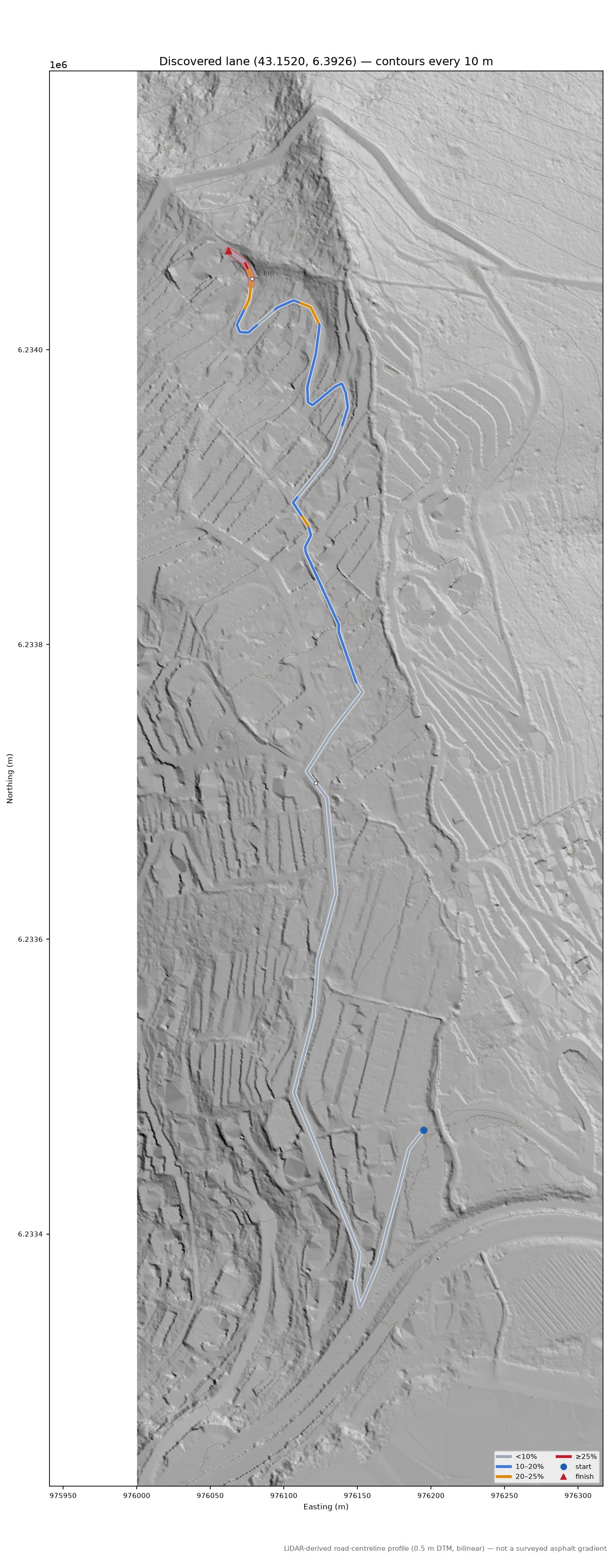 Discovered lane (43.1520, 6.3926) LiDAR hillshade map with contours