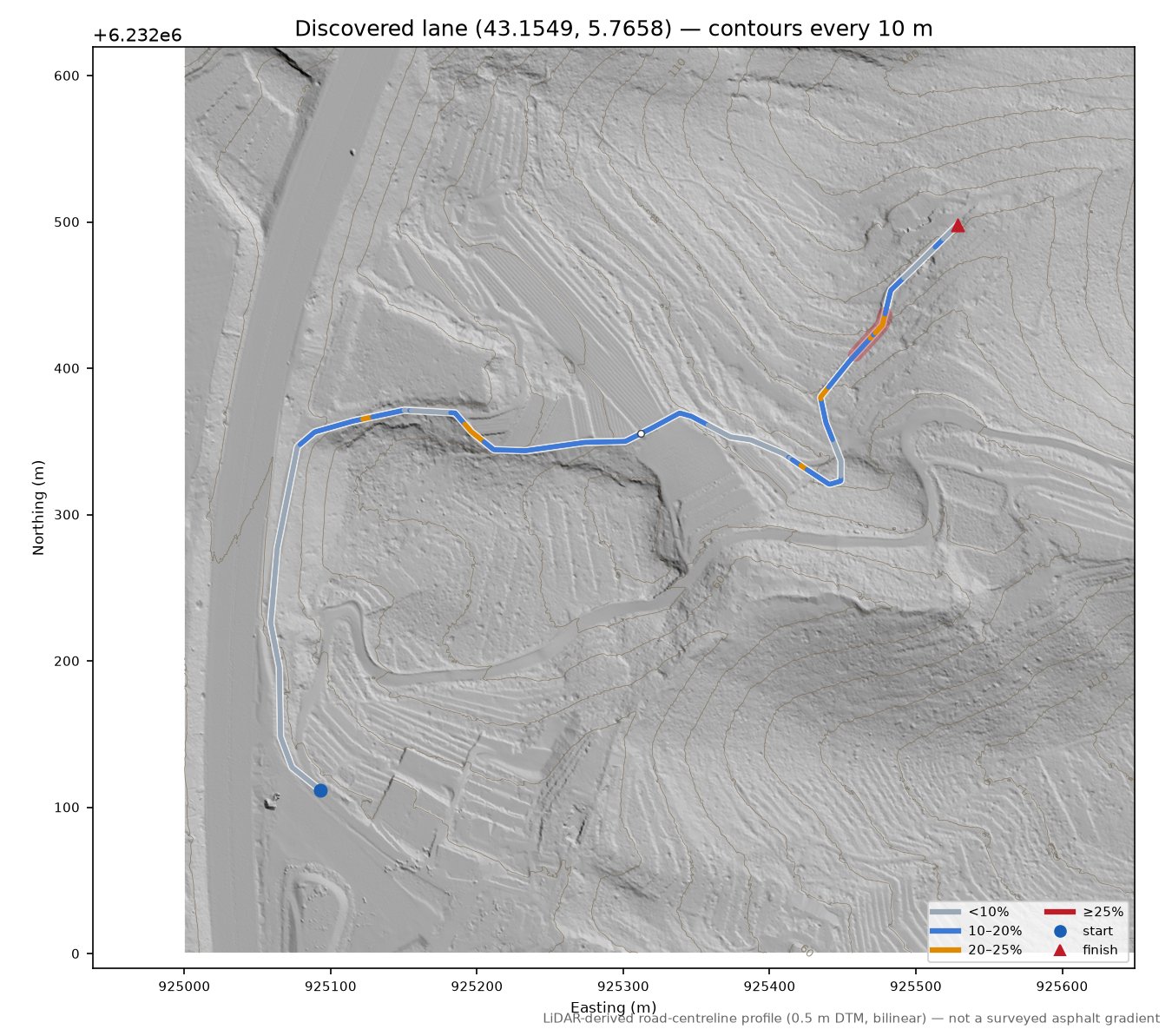 Discovered lane (43.1549, 5.7658) LiDAR hillshade map with contours