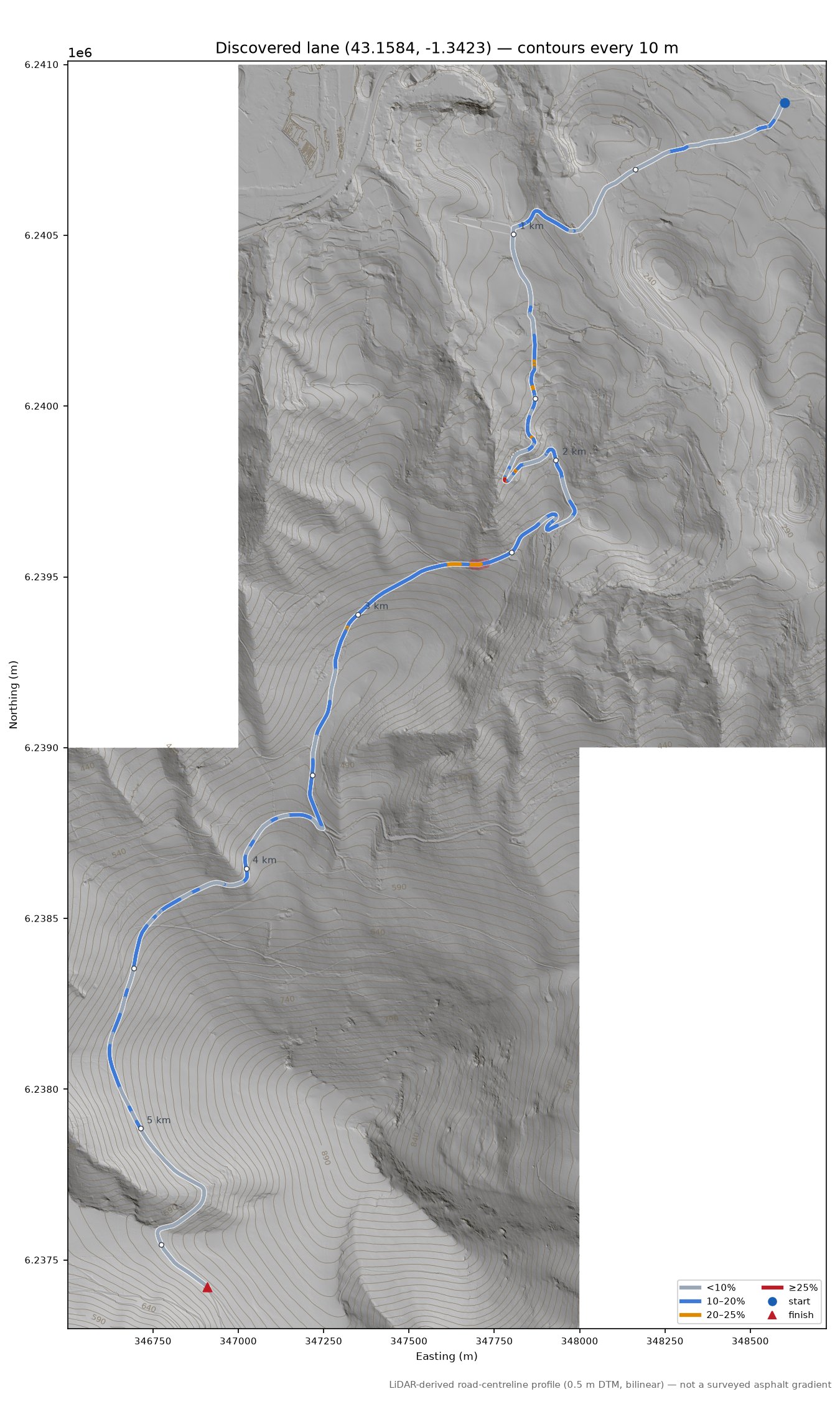 Discovered lane (43.1584, -1.3423) LiDAR hillshade map with contours